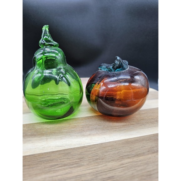 Set Of 2 Vintage Hand Blown‎ Glass Fruits Apple Pear - Picture 4 of 9